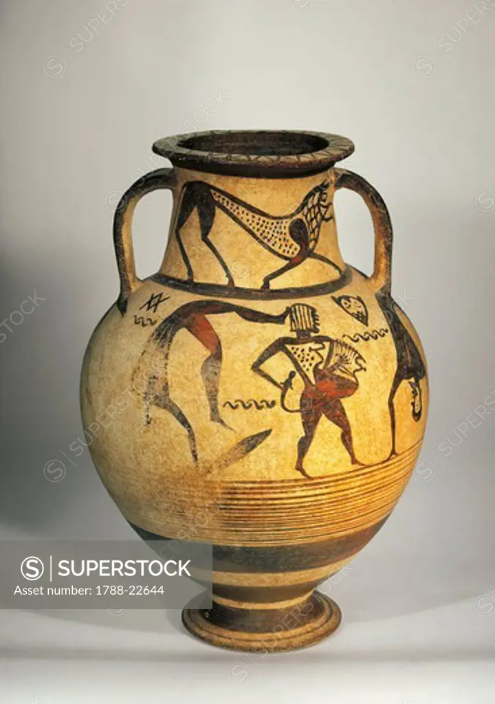 Oriental style amphora depicting a lyre player and dancers, painted by the Painter of the Eptacordo, circa 670 B.C.