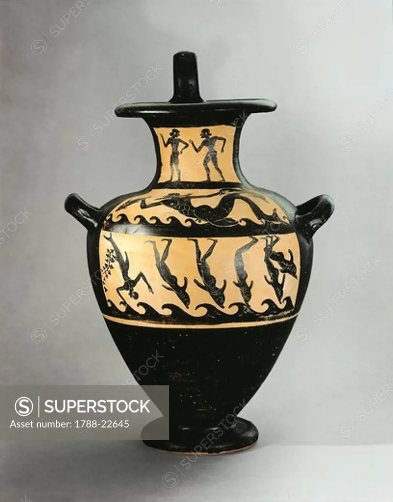 Black-figure Hydria depicting the Tyrrhenian pirates turning into dolphins, painted by the Painter of the Vatican, 510/500 B.C.