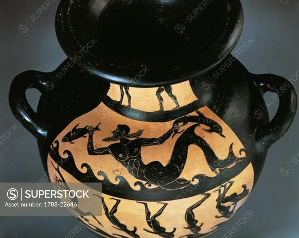 Detail of Triton black-figure Hydria depicting the Tyrrhenian pirates turning into dolphins, painted by the Painter of the Vatican, 510/500 B.C.