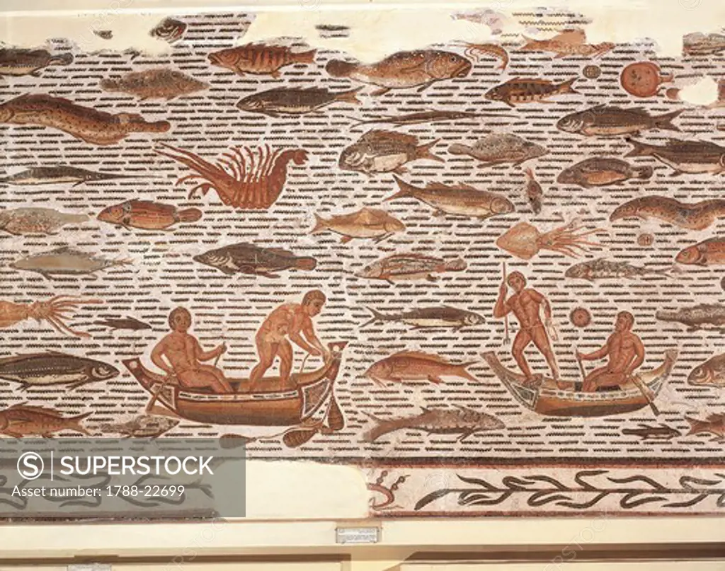 Mosaic work depicting a fishing scene in waters abounding in fish