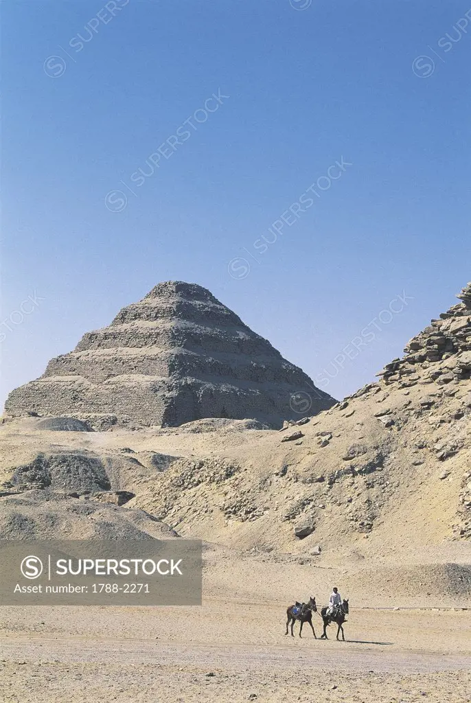 Egypt - Cairo - Ancient Memphis (UNESCO World Heritage List, 1979). Saqqara. Funerary monument to king Djoser 'Step Pyramid' and Userkaf Pyramid
