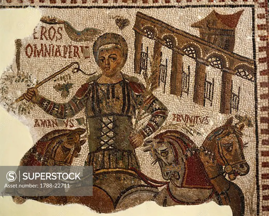 Tunisia, Dougga, Mosaic work depicting Eros, the winner of the circuses' games