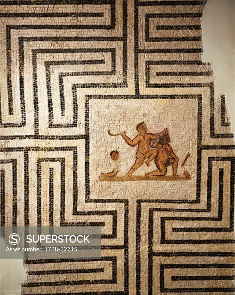 Tunisia, Thuburbo Majus, Mosaic work depicting Theseus against the Minotaur in the labyrinth