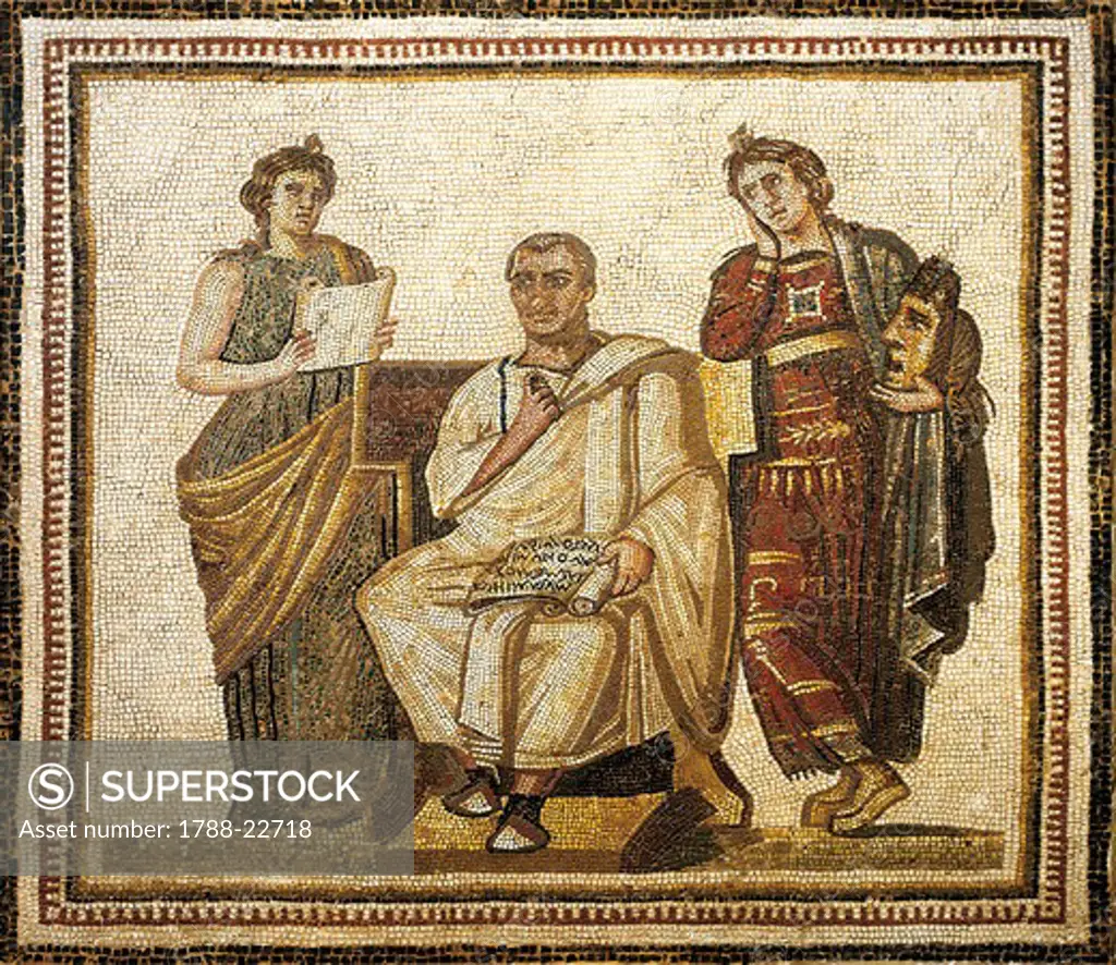 Tunisia, Susa, Mosaic work depicting the poet Virgil (Publius Vergilius Maro, 70 A.C... - 19 A.C...) writing the Aeneid sitting between the muses Clio and Melpomene
