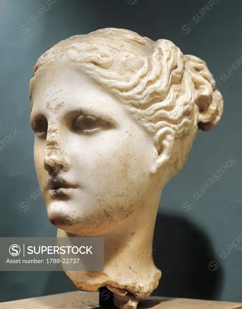 Head of Aphrodite (circa 325 B.C.) by the School of Praxiteles, marble