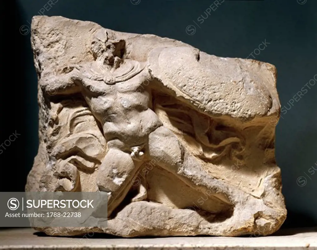 Italy, Apulia, Metope depicting Heracles (Hercules), stone relief