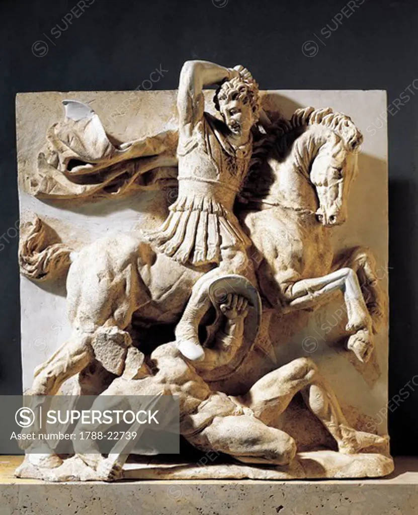 Italy, Apulia, Metope representing a horseman overcoming the enemy or Alexander fighting, relief in local soft rock, fragment