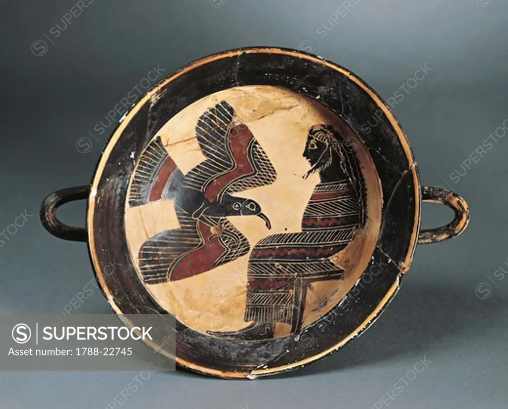 Kylix (wine pottery) depicting Zeus and the eagle, from the city shipyard, painted by the painter of Naucratis (Egypt)