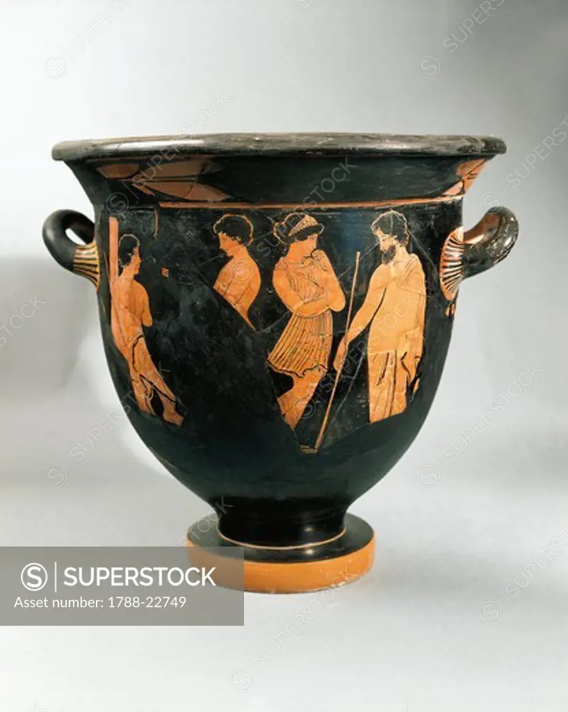 Italy, Apulia, Proto-italiotes krater (vase used to mix wine and water) depicting a farewell scene