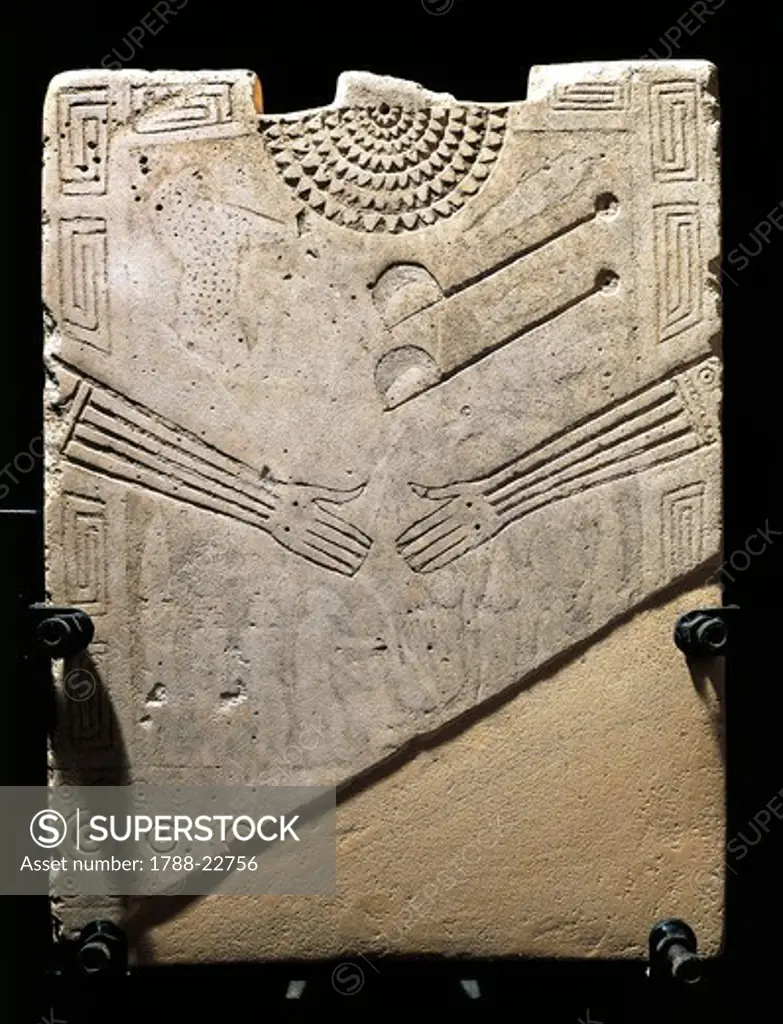 Italy, Apulia, Detail of Daunian stele, engraved gloves and jewellery