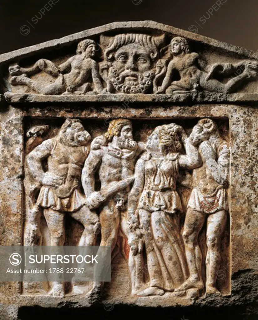 Italy, Umbria, Orvieto, Torre San Severo, Detail of Sarcophagus representing the murder of Circe and animal-headed men