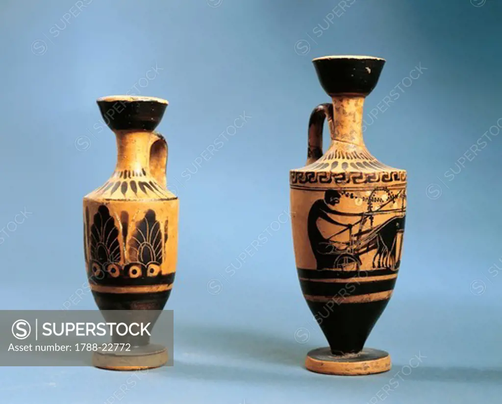 Italy, Calabria, Black-figure Attic Lekythoi (vases used to store oil) from the grave no.165