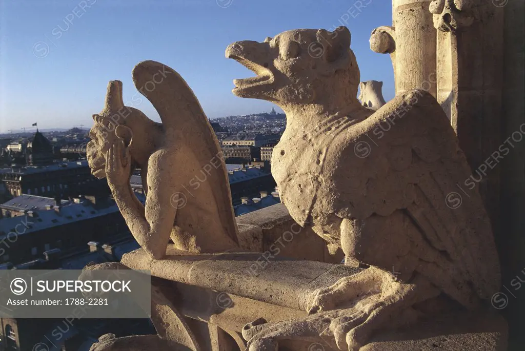 France - Paris - Notre Dame de Paris. Gargoyles, statues of diabolic creatures