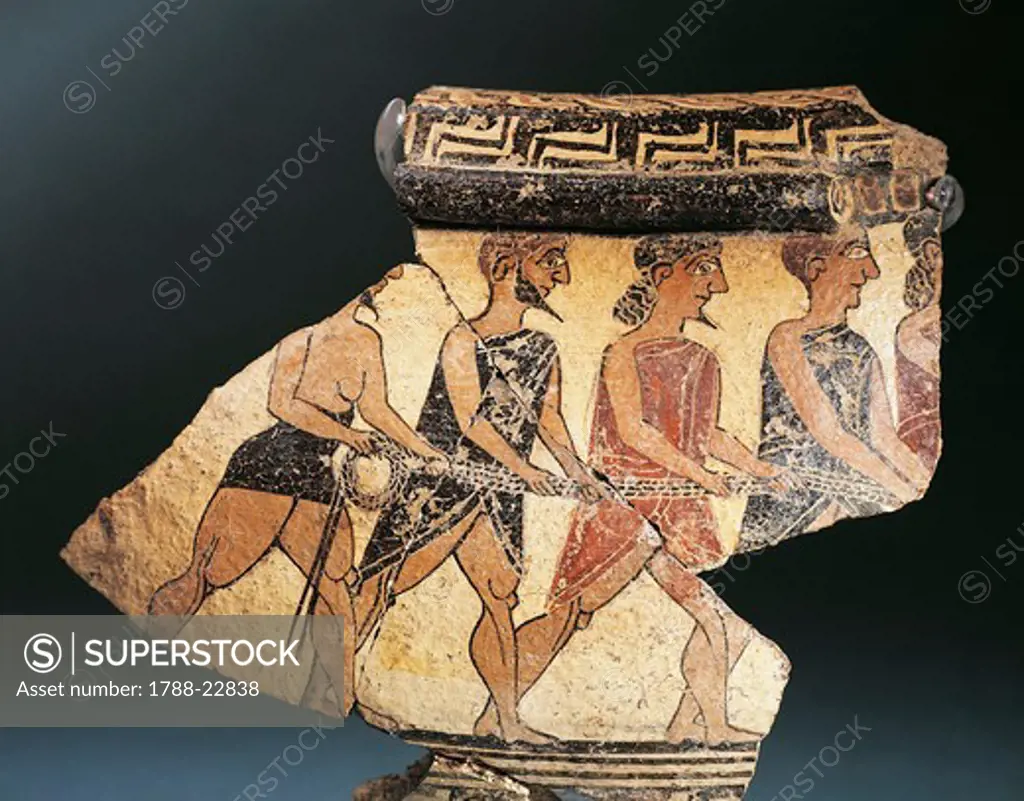 Oenochoe (or oinochoe, wine jug) depicting men pulling a rope (probably Greek men pulling the Trojan Horse), 630 B.C., fragment