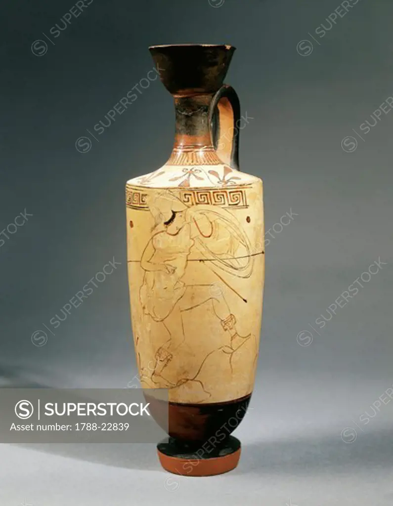 Italy, Sicily, White-ground lekythos (vase used to store oil) depicting a young warrior, painted by Bowdoin Painter, 460/450 B.C.
