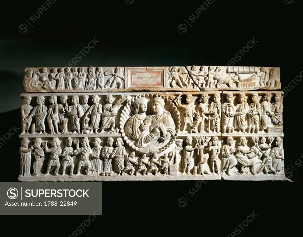 Italy, Sicily, Syracuse, Sarcophagus of Adelfia, wife of the magistrate Valerio, from the catacombs of San Giovanni
