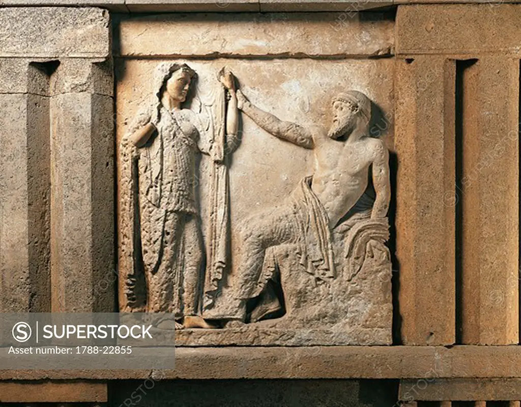 Italy, Sicily, Selinunte, Detail of Zeus and Hera, metope of the temple E