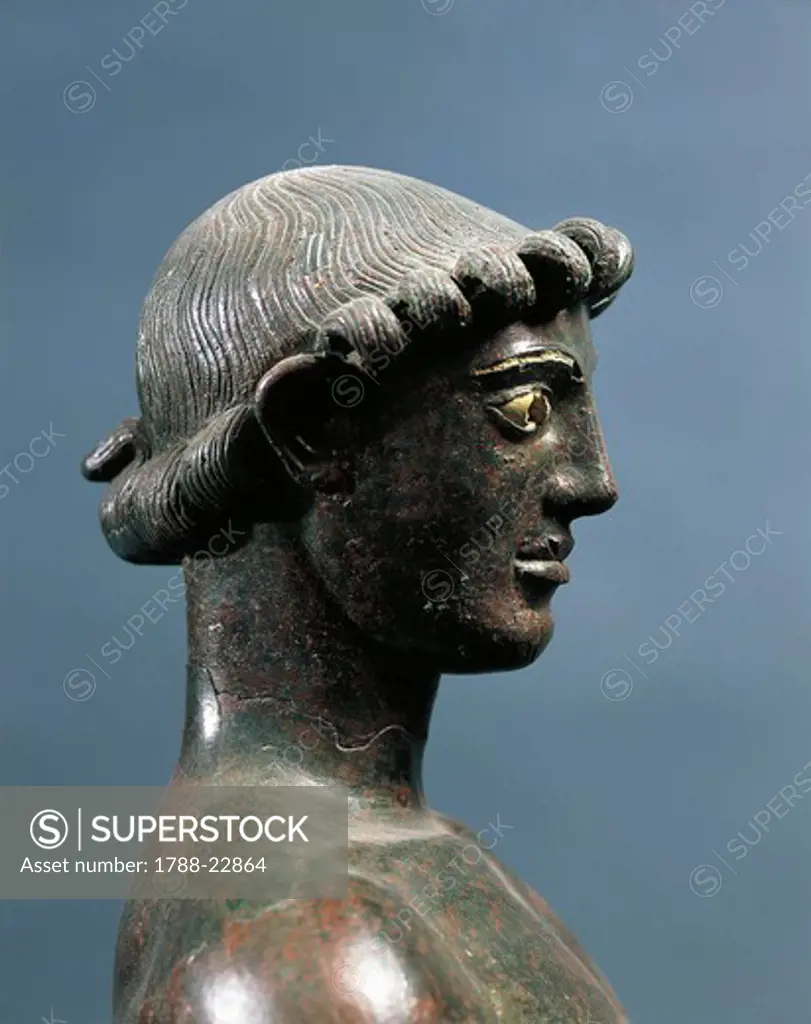 Italy, Sicily, Selinunte, Detail of Statuette representing an ephebus, bronze