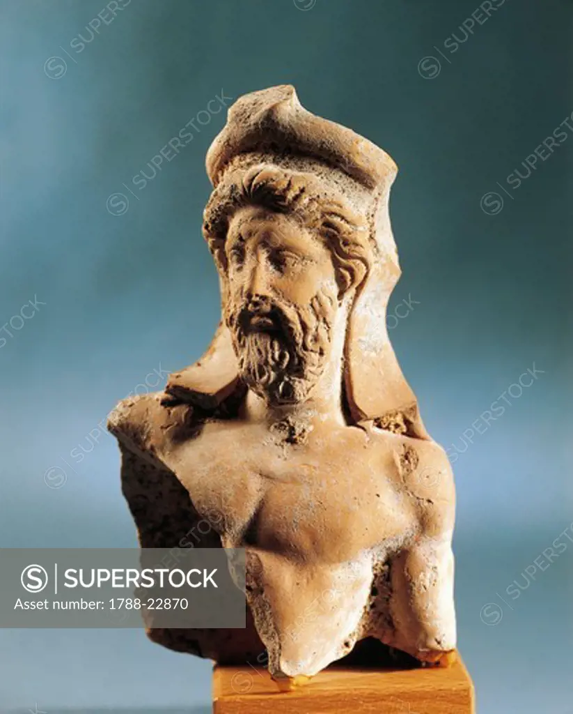Italy, Sicily, Erice, Bearded Poseidon bust, terracotta