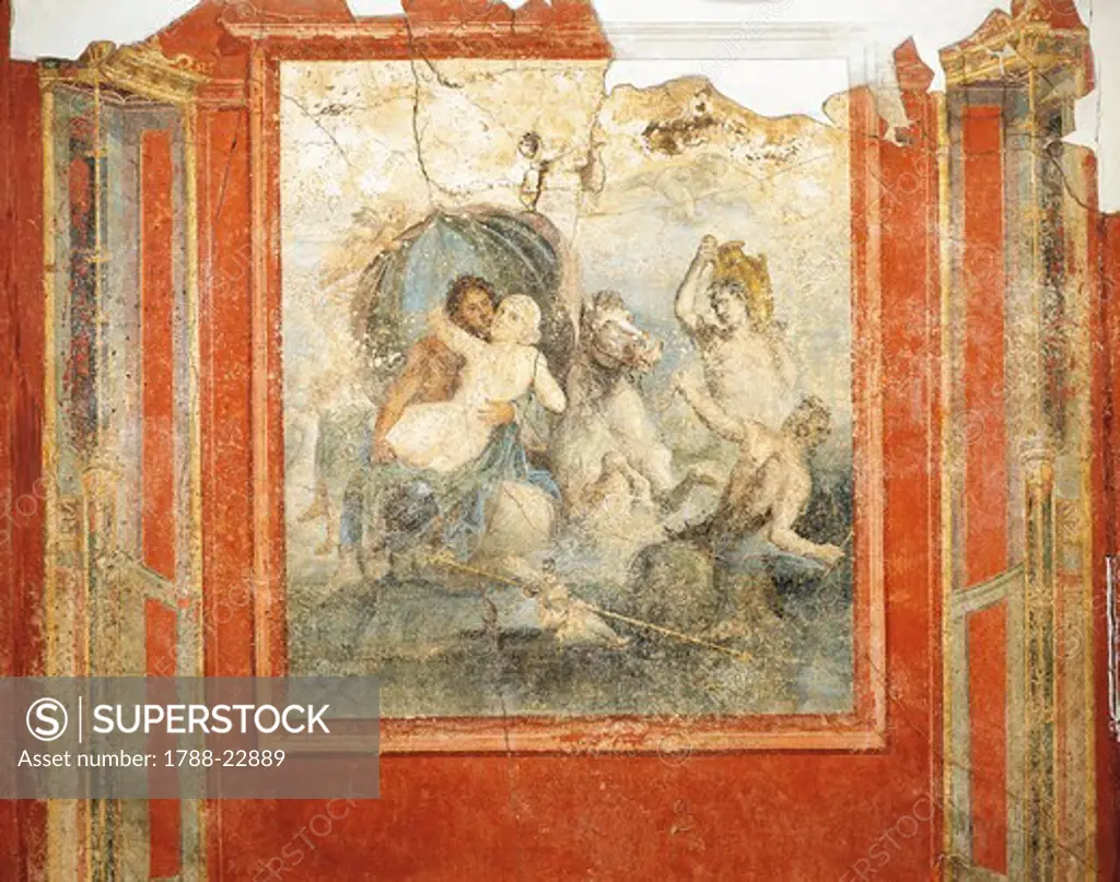 Italy, Castellammare di Stabia, Neptune and Amymone riding a sea horse, Fresco