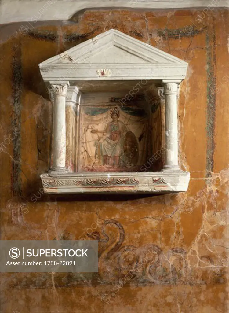 Italy, Castellammare di Stabia, Lararium with an armed Minerva, and depict of a snake shaped demon