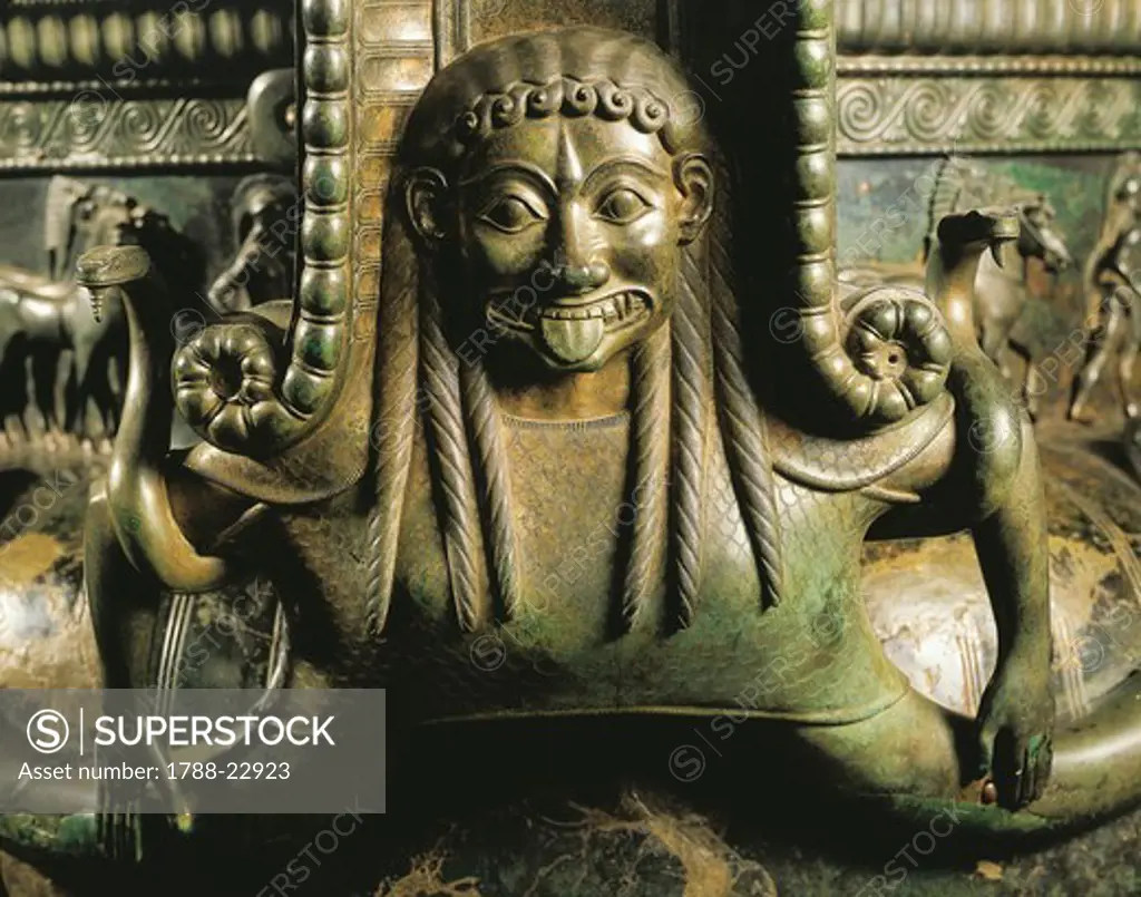 France, Chatillon-sur-Seine, Detail of Gorgon on Bronze Vix krater (vase used to mix wine and water)