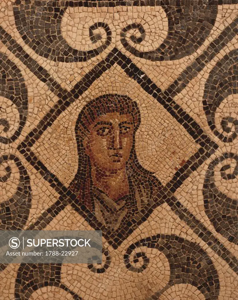 Algeria, Tipasa, Detail of head of an african woman in Mosaic work depicting Berbers in chains