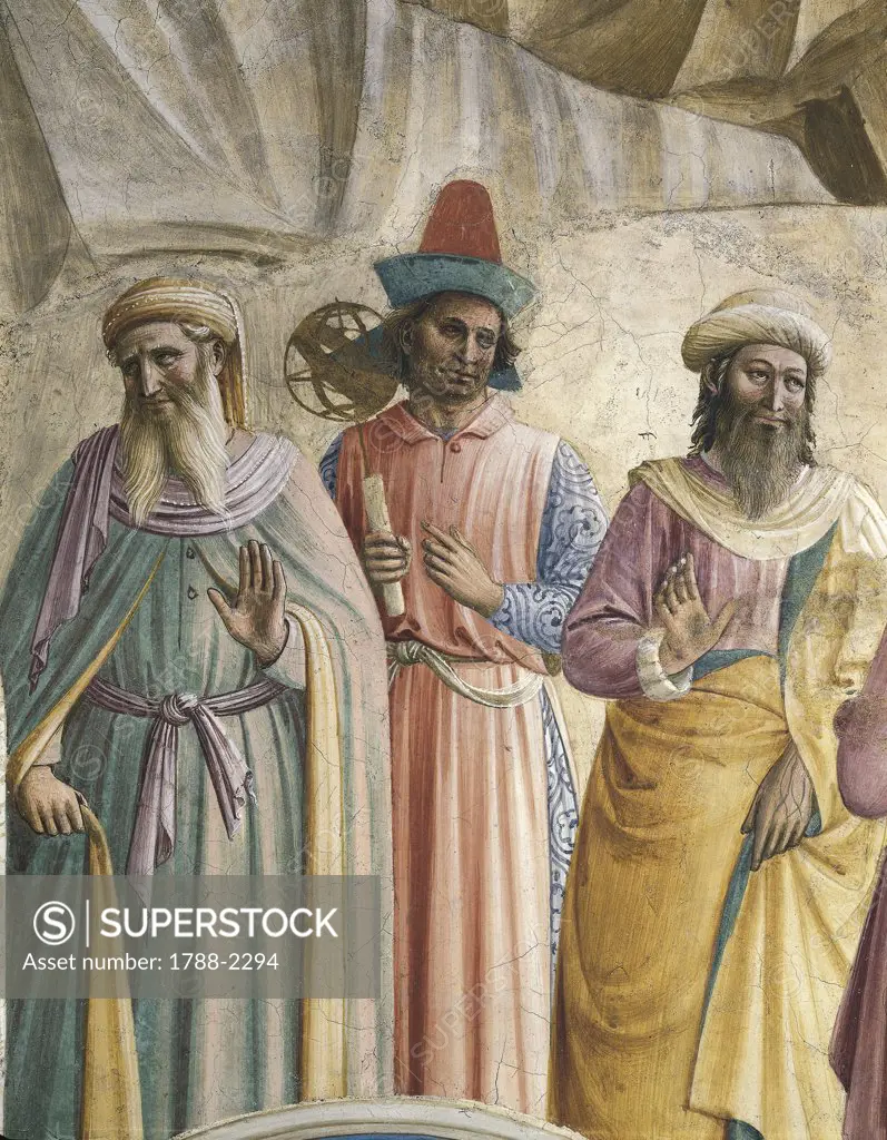 Italy - Tuscany region - Florence. Convent of St. Mark, 1st floor cells. The Adoration of the Magi, detail of three men of science (1437-45) by Beato Angelico (c. 1400-55). Fresco