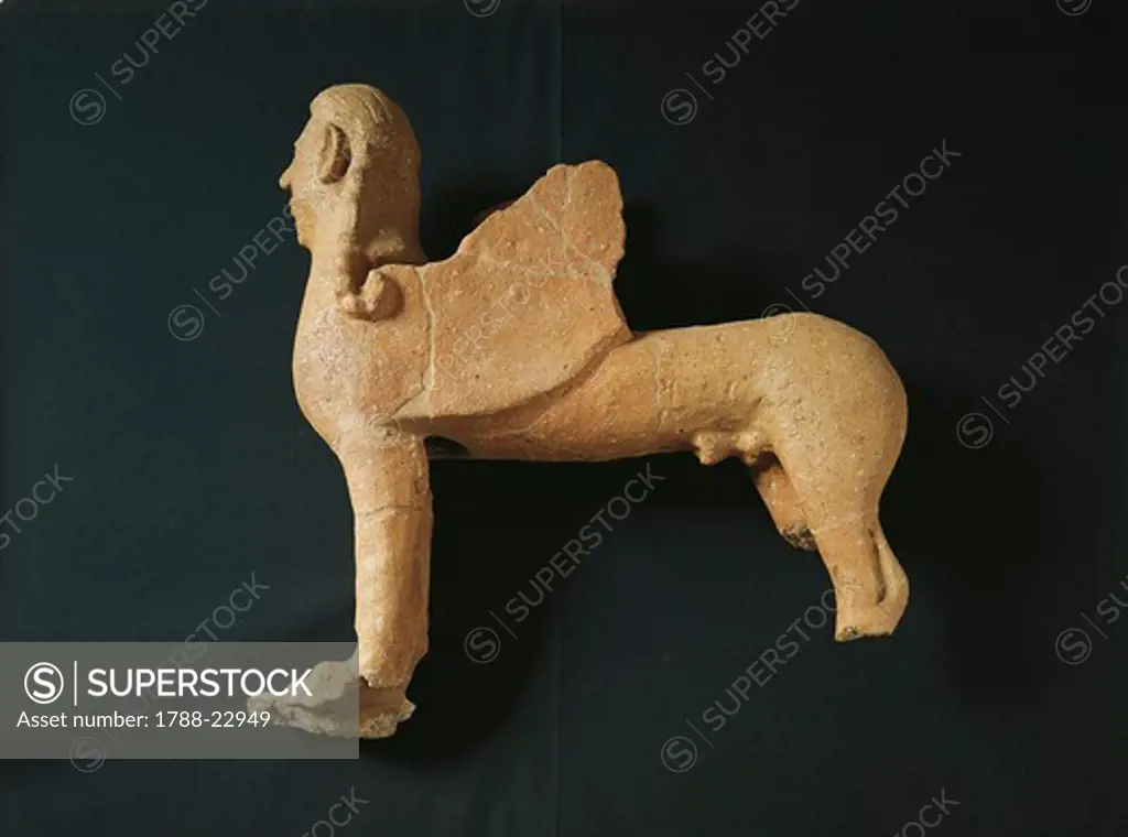 Italy, Tuscany, Murlo, Male Sphinx, from the second palace, terracotta work