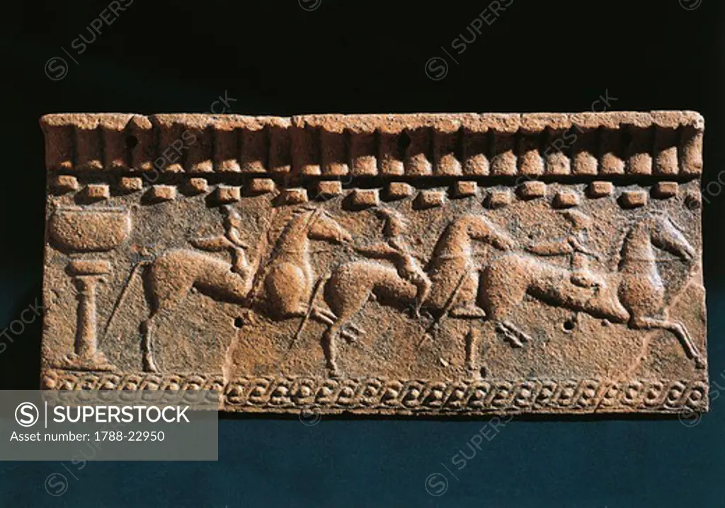 Italy, Tuscany, Murlo, Fictile slab (architectural ornament) representing knights
