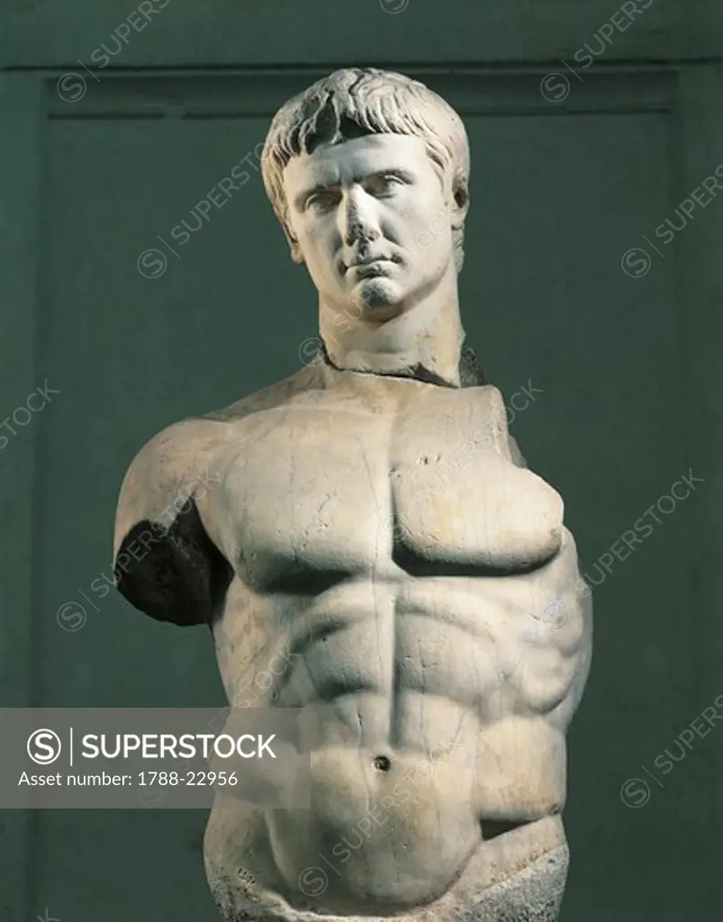 Colossal statue of the Emperor Augustus (Gaius Iulius Caesar Octavianus, 63 B.C. - 14 A.D.), Julio-Claudian dynasty, imperial age, marble