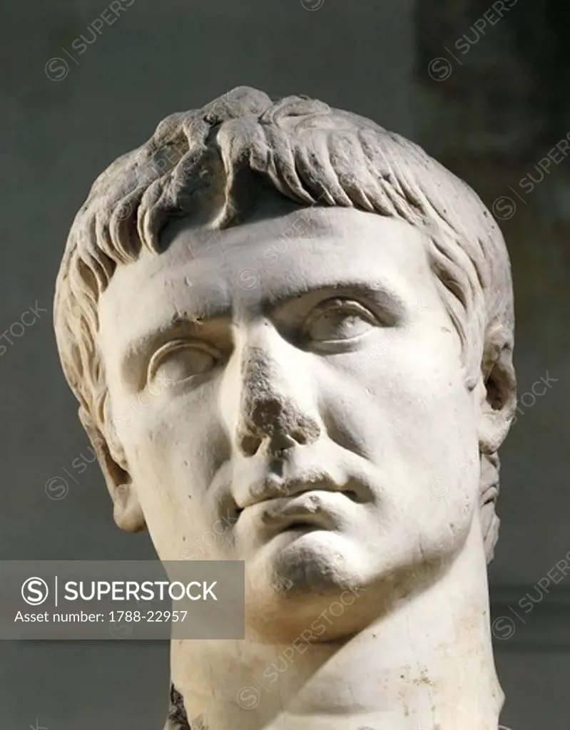 Colossal head of the Emperor Augustus (Gaius Iulius Caesar Octavianus, 63 B.C. - 14 A.D.), Julio-Claudian dynasty, imperial age, marble