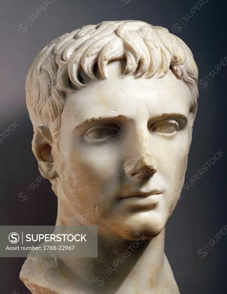 Head of the Emperor Augustus (Gaius Iulius Caesar Octavianus, 63 B.C. - 14 A.D.), Julio-Claudian dynasty, imperial age, marble