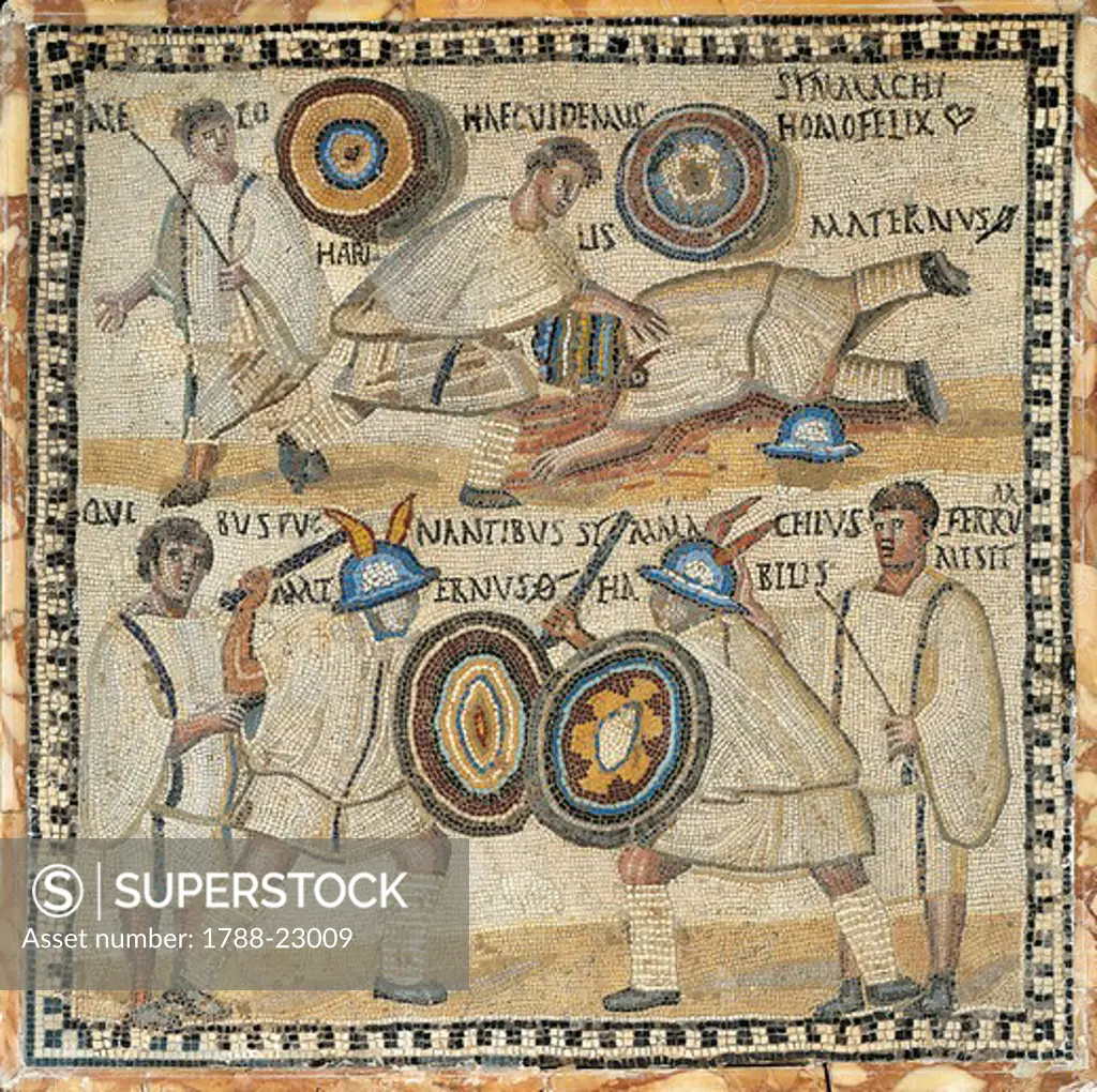 Italy, Rome, Mosaic work depicting gladiators and fightings