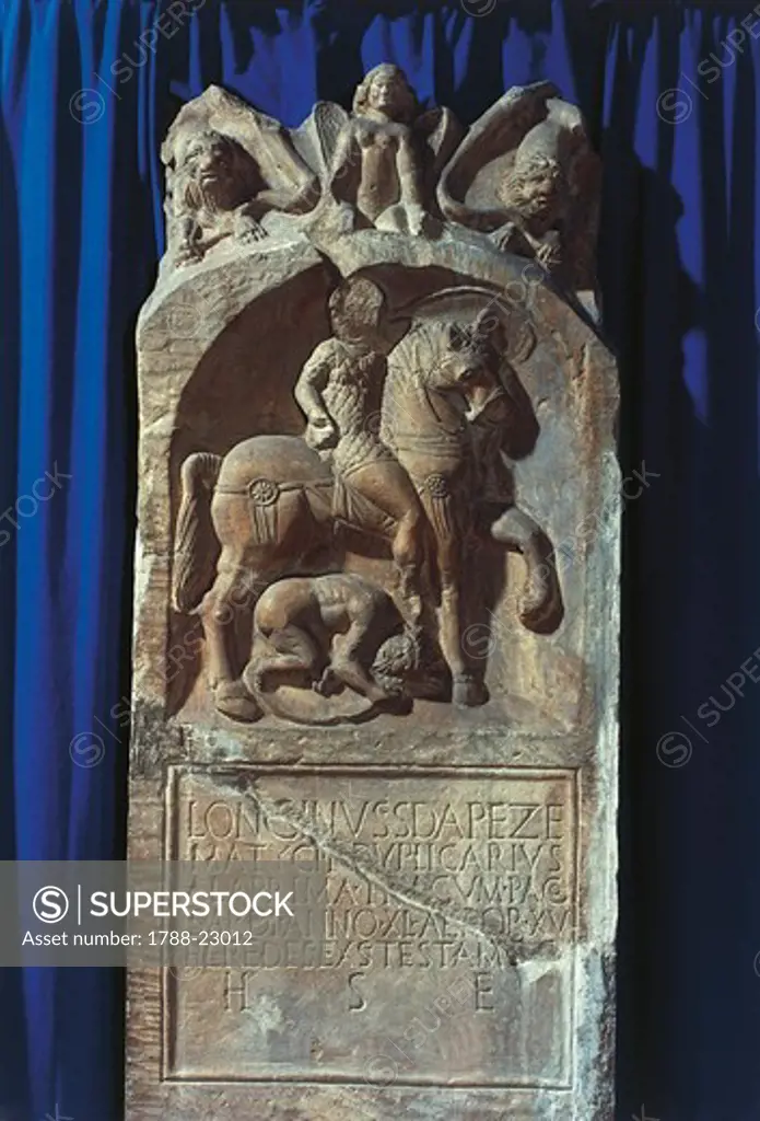 England, Colchester, Camulodunum, Funerary stele of the soldier Longinus, The bas-relief depicts him riding a horse with a submitted barbarian at his feet