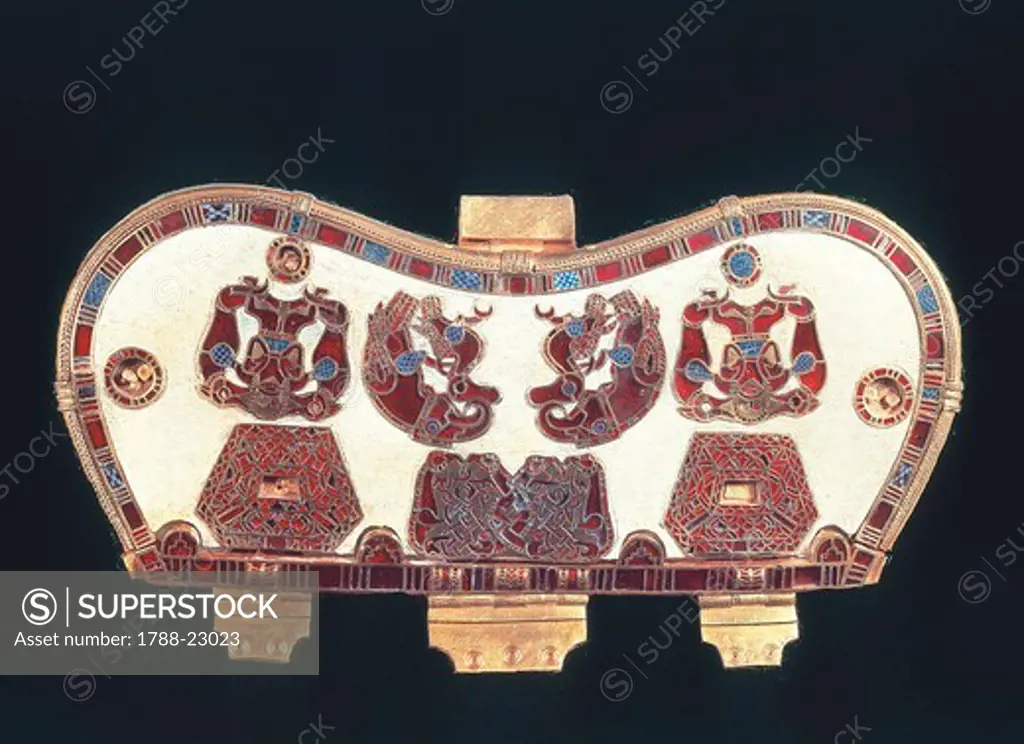 England, London, Gold bag hinge with enamel decorations, from the Sutton Hoo treasure, goldwork