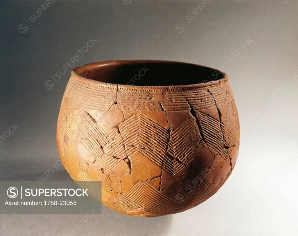 Sweden, Smaland, Hanger, Pot with engravings of the combat axe culture