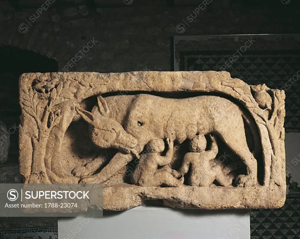 Relief representing the she-wolf nursing Romulus and Remus (founders of Rome), limestone