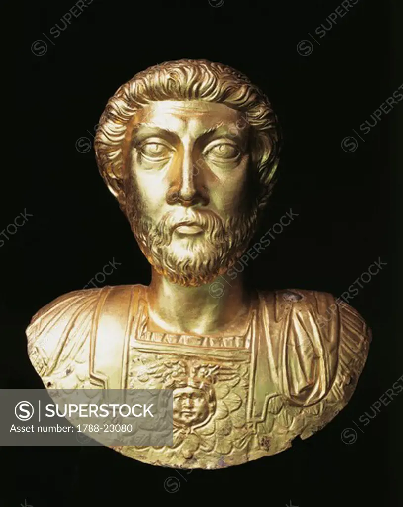 Five Good Emperors, Bust of the Emperor Marcus Aurelius (Marcus Annius Verus 121 - 180 A.D.), imperial age, gold