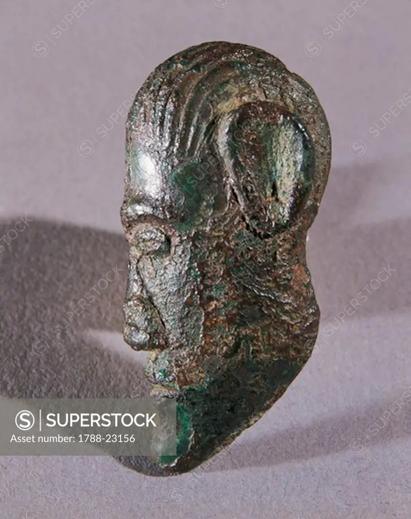 Austria, Durrnberg site, Detail of curb bit representing a masculine head, bronze