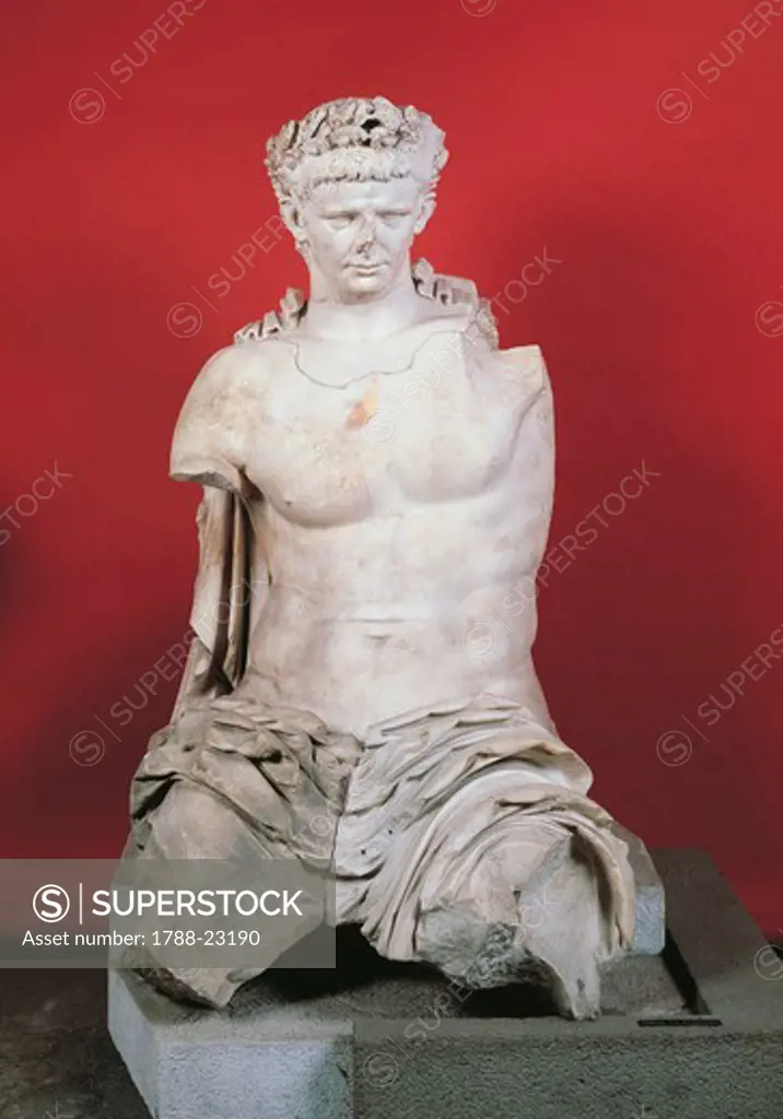 Italy, Lazio, Cerveteri, Seated statue representing the Emperor Claudius (Tiberius Claudius Drusus, 10 B.C.-54 A.D.), Julio-Claudian dynasty, imperial age