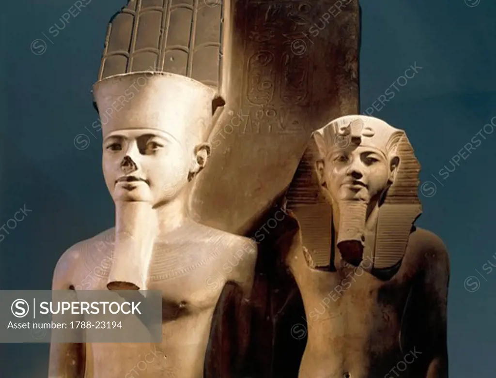 Egypt, Thebes, Detail of Statuary group representing Pharaoh Tutankhamun (or Tutankhamen, circa 1340-1323 B.C.), seated on the throne, and Amun standing at his side, the royal names were substituted with the name of Horemheb, eighteenth dynasty