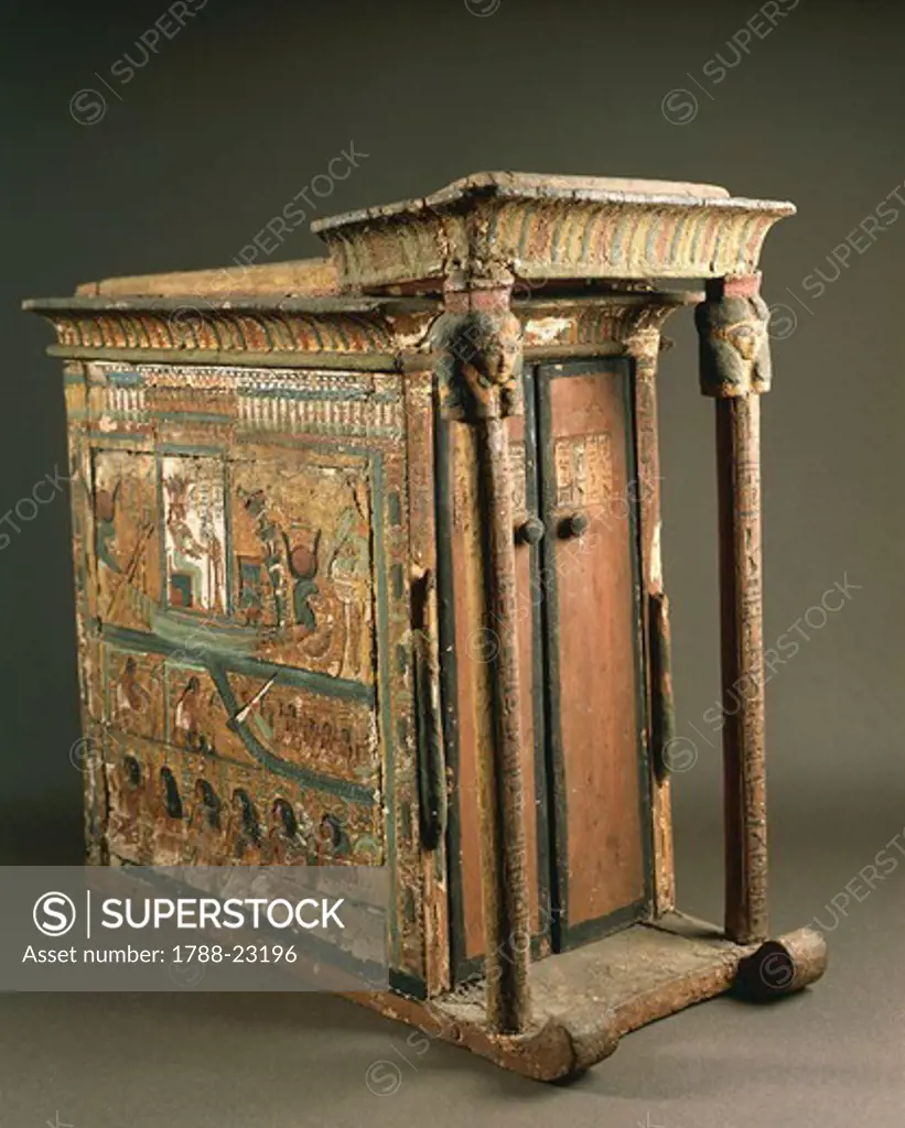 Egypt, Deir el-Medina, Tabernacle with straight portico and two columns with capital in a form of Hathors head, and cyma molding cornice, dedicated to the Triad of Elephantine (constituted by Khnum, Satis and Anuket), made by Kasa, small painted wood model, nineteenth dynasty