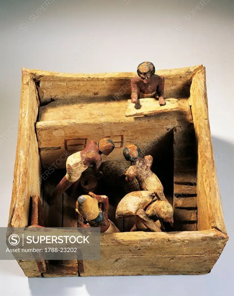 Asyut necropolis, Model of a barn with workers, plastered wood