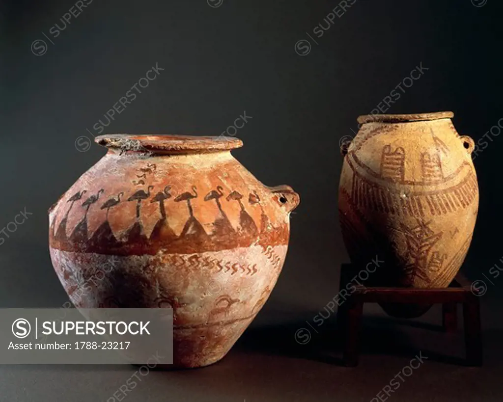 Fictile vases with red-violet desings on a pink background, depicting ibis and boats, neolithic period, predynastic culture of Naqada, 2nd phase