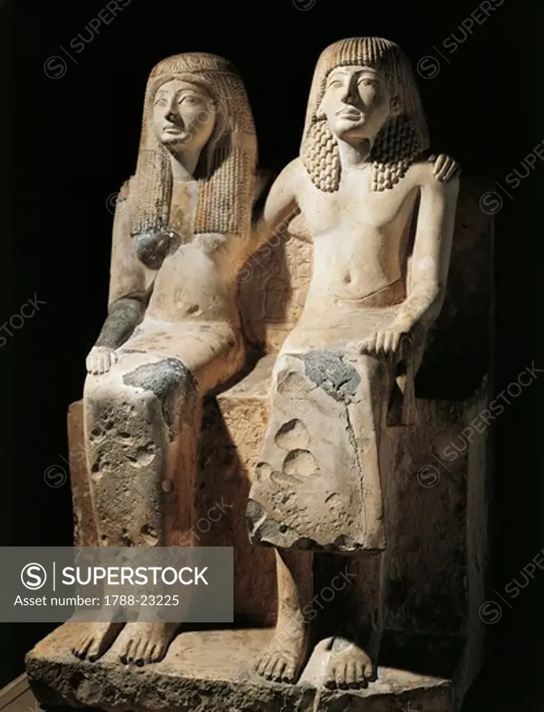 Egypt, Deir el-Medina, Statuary group representing Pharaoh Ramesses II (circa 1279-1213 B.C.) and his wife Nefertari (circa 1290-1254 B.C.)
