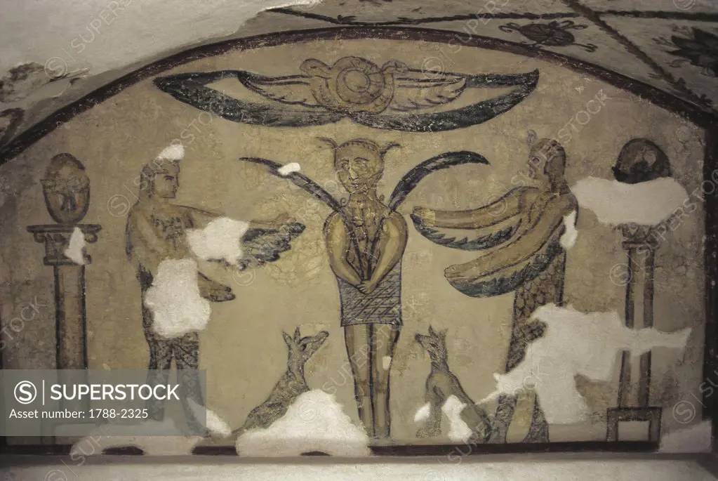 Egypt - Alexandria. Mural paintings at Kawm ash-Shuqafah (Kom esh-Shuqafa) catacombs, 1st-2nd century AD