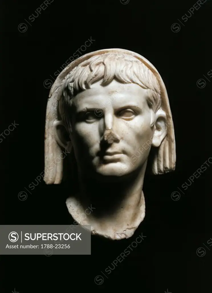 Spain, Merida, Veiled head of the Emperor Augustus (Gaius Iulius Caesar Octavianus, 63 B.C. - 14 A.D.), Julio-Claudian dynasty, from the peristyle of the theatre (sacred room)