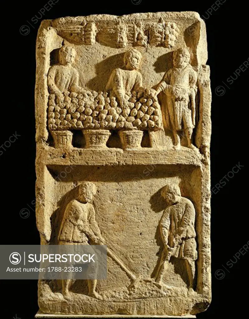 The Pillar of the Farmer, relief depicting a fruit market and two farmers tilling the soil