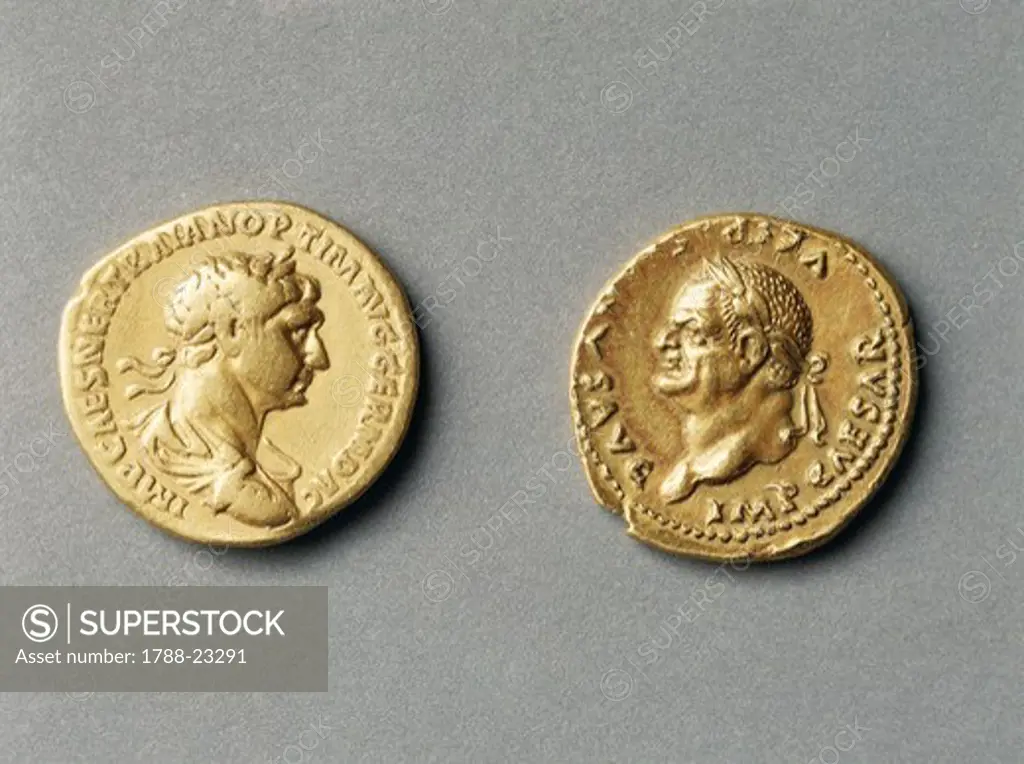 Aurei of the Emperor Vespasian (Titus Flavius Vespasianus, 9-79 A.D.) and the Emperor Trajan (Marcus Ulpius Nerva Traianus, 53-117 A.D.), imperal age